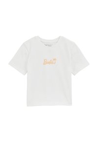 Camiseta de algodón blanca con un logo "Barbie" en color durazno claro con un acento de palmera, mangas cortas y un cuello clásico redondo.