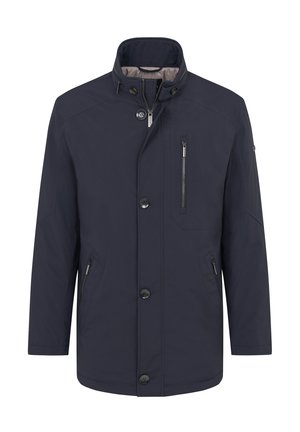Marineblaue wasserdichte Jacke mit hohem Kragen, vorderem Druckverschluss, Reißverschlusstasche auf der Brust und seitlichen Taschen mit elegantem Design.