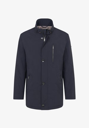 Marineblaue wasserdichte Jacke mit hohem Kragen, vorderem Druckverschluss, Reißverschlusstasche auf der Brust und seitlichen Taschen mit elegantem Design.