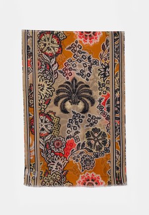 Tissu rectangulaire avec motifs floraux et feuillus orange, beige et noirs, bordé de rayures verticales brunes et beiges.