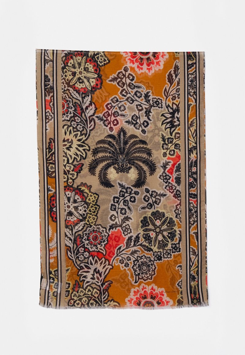 Tissu rectangulaire avec motifs floraux et feuillus orange, beige et noirs, bordé de rayures verticales brunes et beiges.