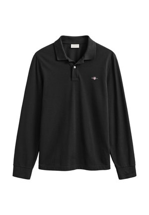 Tricou polo negru cu mâneci lungi, cu închidere cu două nasturi, guler pliat și logo mic brodat pe partea stângă a pieptului.