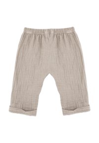 Beige, leichte Stoffhosen mit einer zerknitterten Textur, elastischem Bund und umgeschlagenen Säumen. Gerader Schnitt mit lockerer Passform.