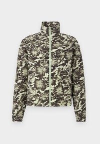 Floral-patterned jacket in muted green and black, featuring a stand-up collar, front zipper, and elasticized cuffs for a fitted silhouette.