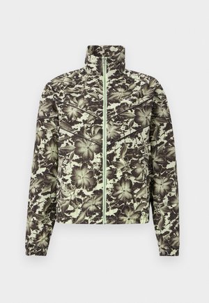 Floral-patterned jacket in muted green and black, featuring a stand-up collar, front zipper, and elasticized cuffs for a fitted silhouette.