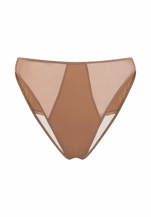 Slip bikini marrone con pannelli laterali in rete, caratterizzato da una texture liscia e una forma classica a slip. Ideale per costumi da bagno o lingerie.