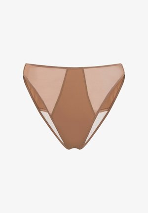 Slip bikini marrone con pannelli laterali in rete, caratterizzato da una texture liscia e una forma classica a slip. Ideale per costumi da bagno o lingerie.