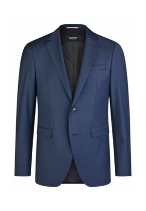 Granatowa, jednorzędowa marynarka męska z klapami z wycięciem, kieszeniami z patkami oraz markową podszewką wewnętrzną.