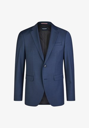 Granatowa, jednorzędowa marynarka męska z klapami z wycięciem, kieszeniami z patkami oraz markową podszewką wewnętrzną.