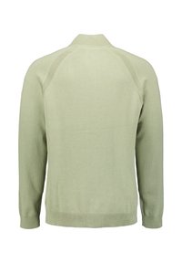 Groene pullovertrui, gebreide stof, geribbelde kraag en manchetten, gladde textuur, lange mouwen, eenvoudige uitstraling met minimale details.