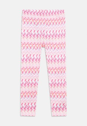 Rosa leggings med et sikksakkmønster i forskjellige nyanser av rosa og hvitt. Elastisk materiale med elastisk linning for komfort.