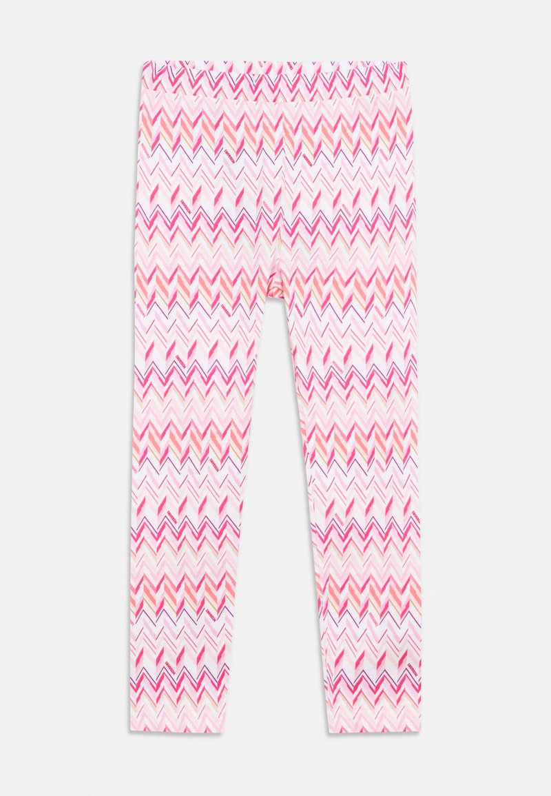 Leggings roses avec un motif en zigzag dans différentes nuances de rose et de blanc. Matière extensible avec une ceinture élastique pour plus de confort.