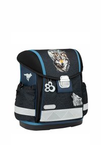 Black backpack with wolf design, blue accents, and reflective trim. Features mesh fabric, multiple pockets, and a decorative paw keychain.