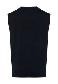 Ärmelloser schwarzer Pullover mit geripptem Saum, glatter Textur und rundem Ausschnitt; körperbetontes Design ohne weitere Verzierungen.