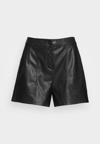 Schwarze Leder-Shorts mit einem Knopfverschluss vorne, der fünf runde Knöpfe umfasst, zwei Fronttaschen mit schrägen Nähten und einer glatten, glänzenden Textur.