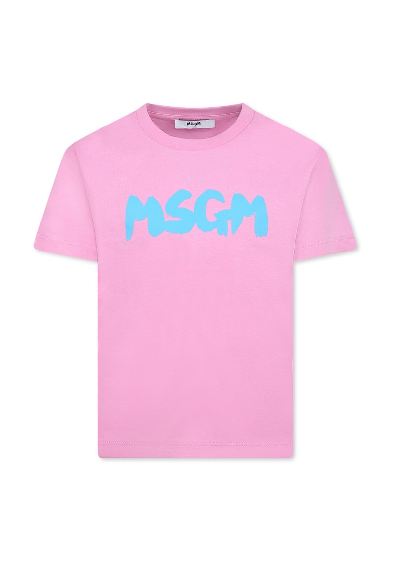 Roze katoenen t-shirt met een blauw "MSGM" logo in een gedurfde, penseelstreekstijl. Klassieke ronde hals en korte mouwen. Fijne textuur.