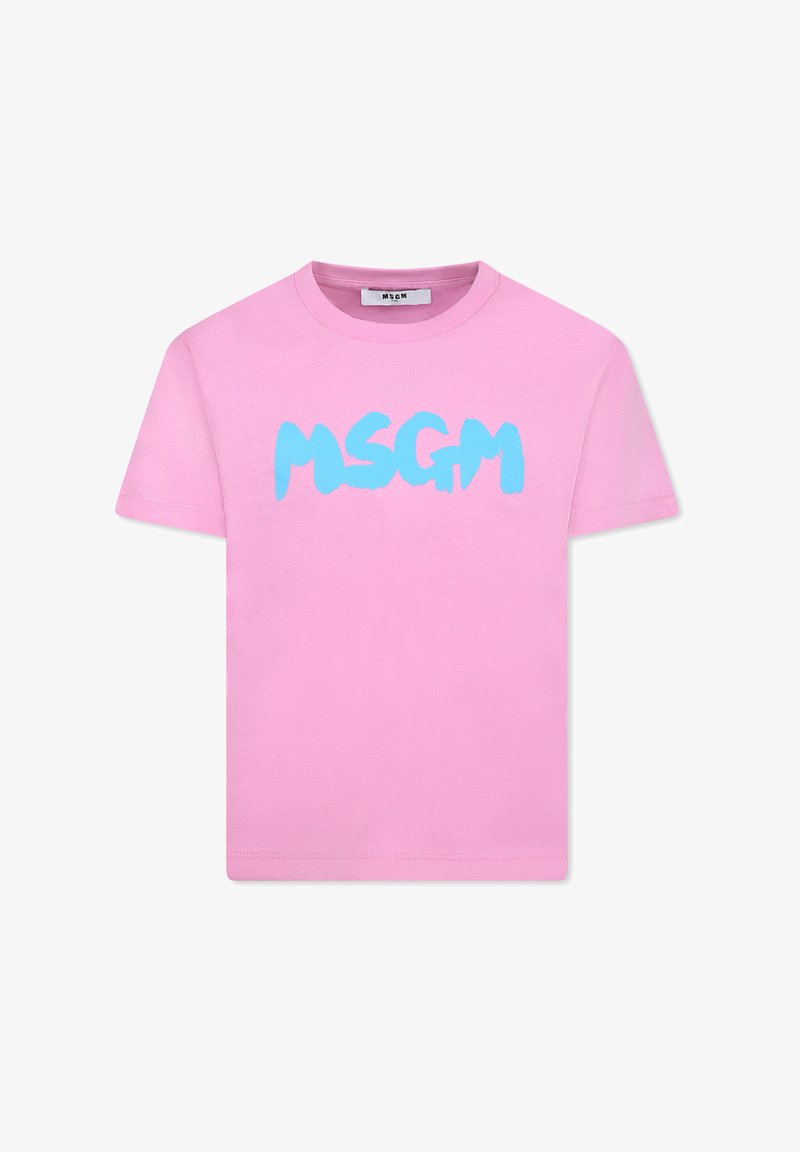 Roze katoenen t-shirt met een blauw "MSGM" logo in een gedurfde, penseelstreekstijl. Klassieke ronde hals en korte mouwen. Fijne textuur.