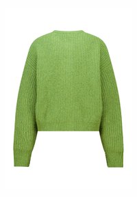 Green cropped knit sweater with a ribbed texture and long sleeves. Features a round neckline and an unembellished design.