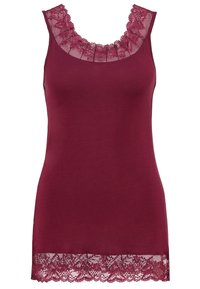 Bordeaux linne med en genomskinlig spetskrage och spetskant. Fitted design, mjuk textur och rundad halsringning.