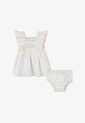 Conjunto de vestido a rayas con tirantes con volantes, que presenta colores pasteles y un top texturizado. Incluye un cubrepañal a juego con cintura elástica. Material de algodón.