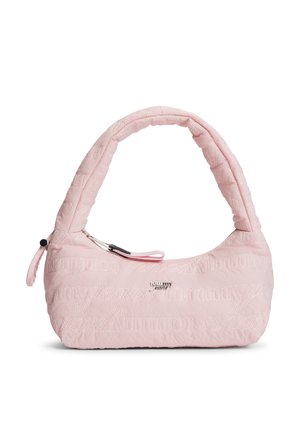 Lille pastelfarvet lyserød quiltet håndtaske med polstret håndtag, lynlåslukning og diskrete broderede "Tommy Jeans" logoer på stoffet.