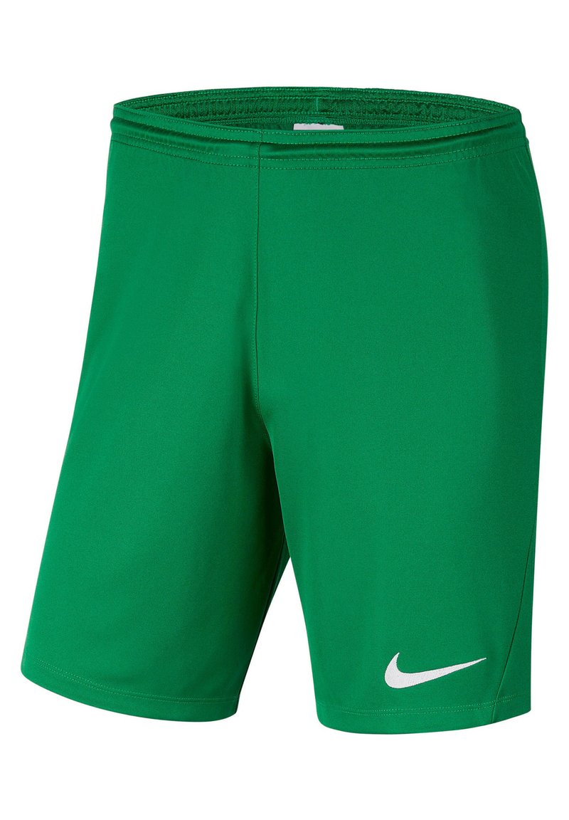 Shorts de sport verts en tissu léger, avec une taille élastique et un logo Nike blanc en bas à droite.