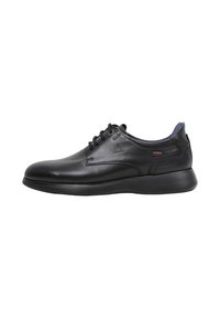 Zapatos de cuero negro con punta redonda, diseño con cordones, detalles de costura sutiles y una suela acolchada para mayor comodidad.