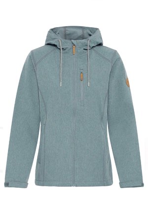 Veste à capuche bleu clair en tissu doux. Elle dispose d'une fermeture éclair sur le devant, de deux poches latérales et d'une petite poche sur la poitrine avec un accent en cuir.