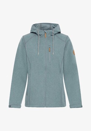 Világoskék kapucnis dzseki puha anyagból. Elől cipzárral, két oldalsó zsebből és egy kis mellzsebből áll, amely bőrbetétet tartalmaz.