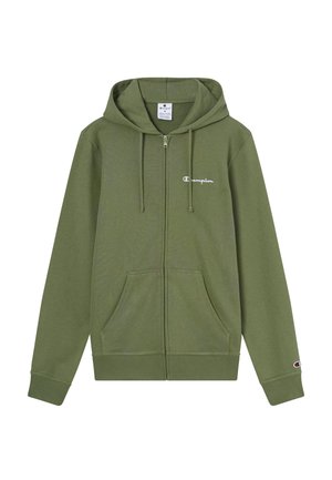 Grüner Kapuzenpullover mit Reißverschluss, Kordelzug, Fronttaschen und weißem "Champion"-Logo auf der Brust und dem Ärmelbündchen.