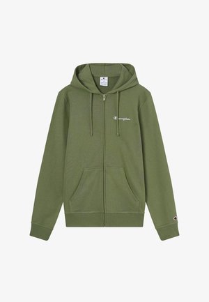 Grüner Kapuzenpullover mit Reißverschluss, Kordelzug, Fronttaschen und weißem "Champion"-Logo auf der Brust und dem Ärmelbündchen.