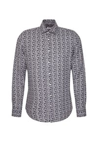 Camicia a maniche lunghe realizzata in un tessuto con sfondo blu navy e motivo floreale bianco, dotata di colletto aperto e patta frontale.