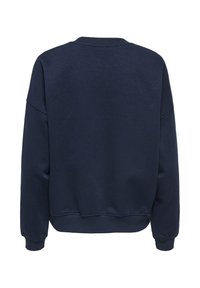 Sweat-shirt à col rond bleu marine avec manches longues, poignets côtelés et ourlet côtelé, présenté de dos sur un fond blanc.