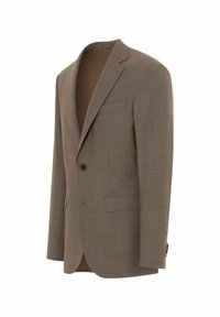 Braune maßgeschneiderte Sakkoblazer, strukturiert, mit einem Knopfverschluss, mit eingekerbten Revers und zwei oberen Taschen. Klassisches Design, ungefüttertes Innenfutter.
