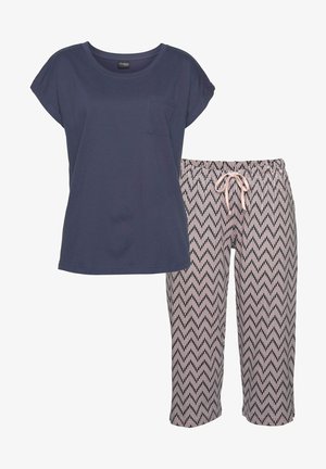 Navy cotton T-shirt with pocket, paired with patterned pink and navy pajama pants featuring an elastic waistband and drawstring.