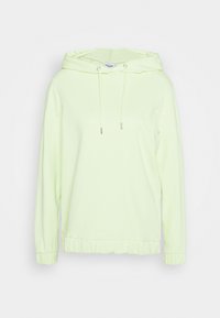 Felpa verde chiaro con cappuccio, maniche lunghe, dettaglio con coulisse e orlo arricciato. Realizzata in tessuto morbido e liscio.