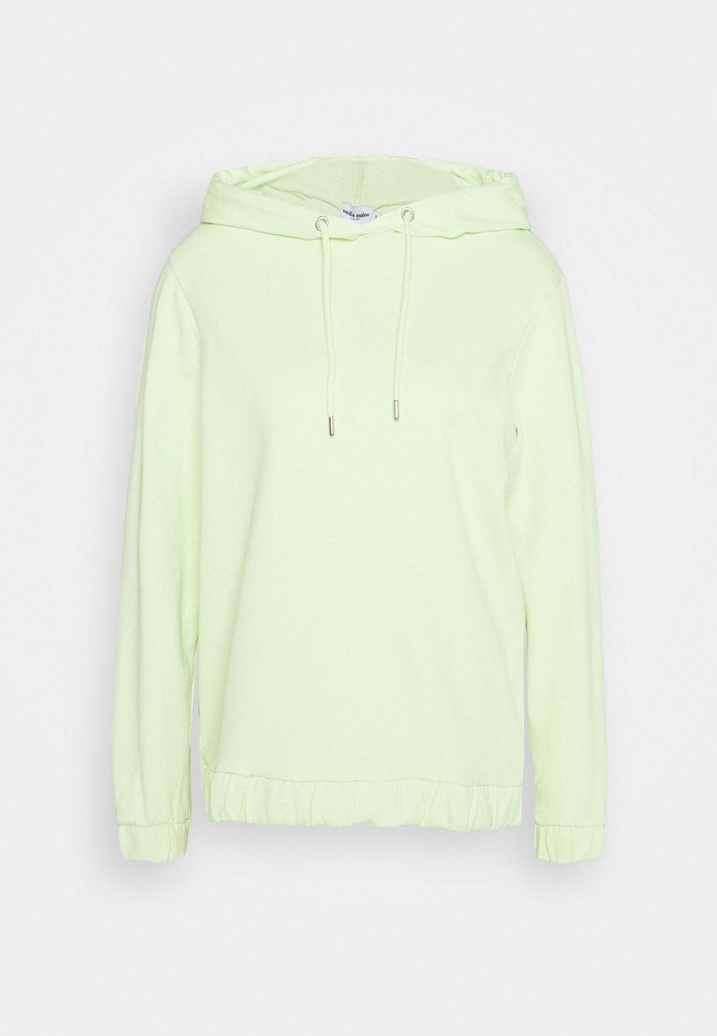 Felpa verde chiaro con cappuccio, maniche lunghe, dettaglio con coulisse e orlo arricciato. Realizzata in tessuto morbido e liscio.