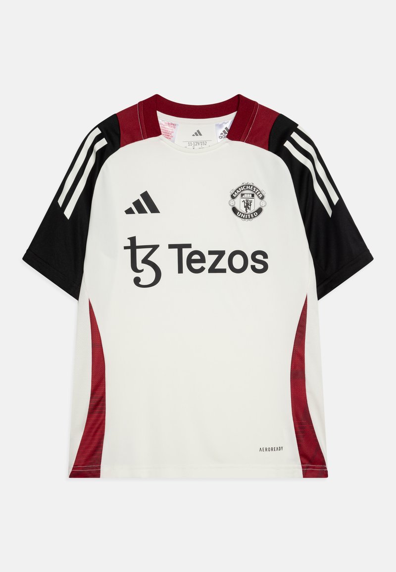 Maillot de soccer blanc à manches courtes avec des accents noirs et bordeaux, arborant des rayures Adidas, le logo de Manchester United et le texte "Tezos".
