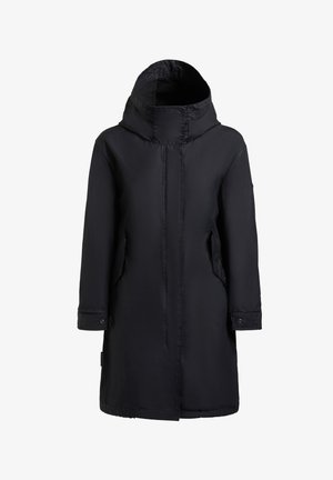 Schwarzer langer Wintermantel mit angesetzter Kapuze, vorderem Reißverschluss, Seitentaschen und knopfleisten am Ärmelabschluss.