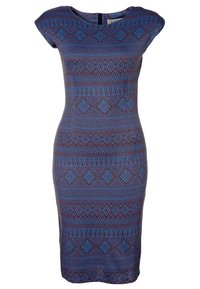 Robe moulante bleu avec des motifs géométriques, manches courtes sabre et fermeture éclair au dos. Le tissu semble lisse avec une texture légèrement extensible.