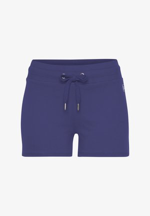 Navy blue athletic shorts made from soft fabric, featuring an elastic waistband with drawstring and metal tips, and a fitted design.