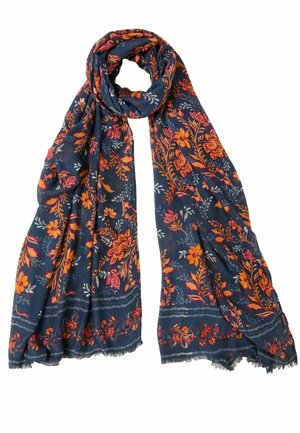 Navy scarf featuring floral patterns in orange and white, with fringed edges and a lightweight, textured fabric.