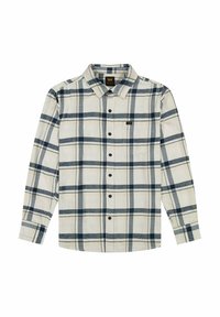 Camisa de cuadros de manga larga en crema con cuadros en azul marino y azul claro. Presenta un cuello abotonado y un bolsillo en el frente. Hecha de una tela texturizada.