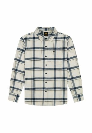 Lange mouwen geruite blouse in crème met marineblauwe en lichtblauwe ruiten. Voorzien van een button-down kraag en een borstzakje. Gemaakt van gestructureerde stof.