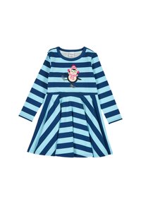 Pitkähihainen mekko, jossa on vaakasuorat siniset ja vaaleansiniset raidat sekä pingviini-applikaatio rinnassa ja hulmuava helma.