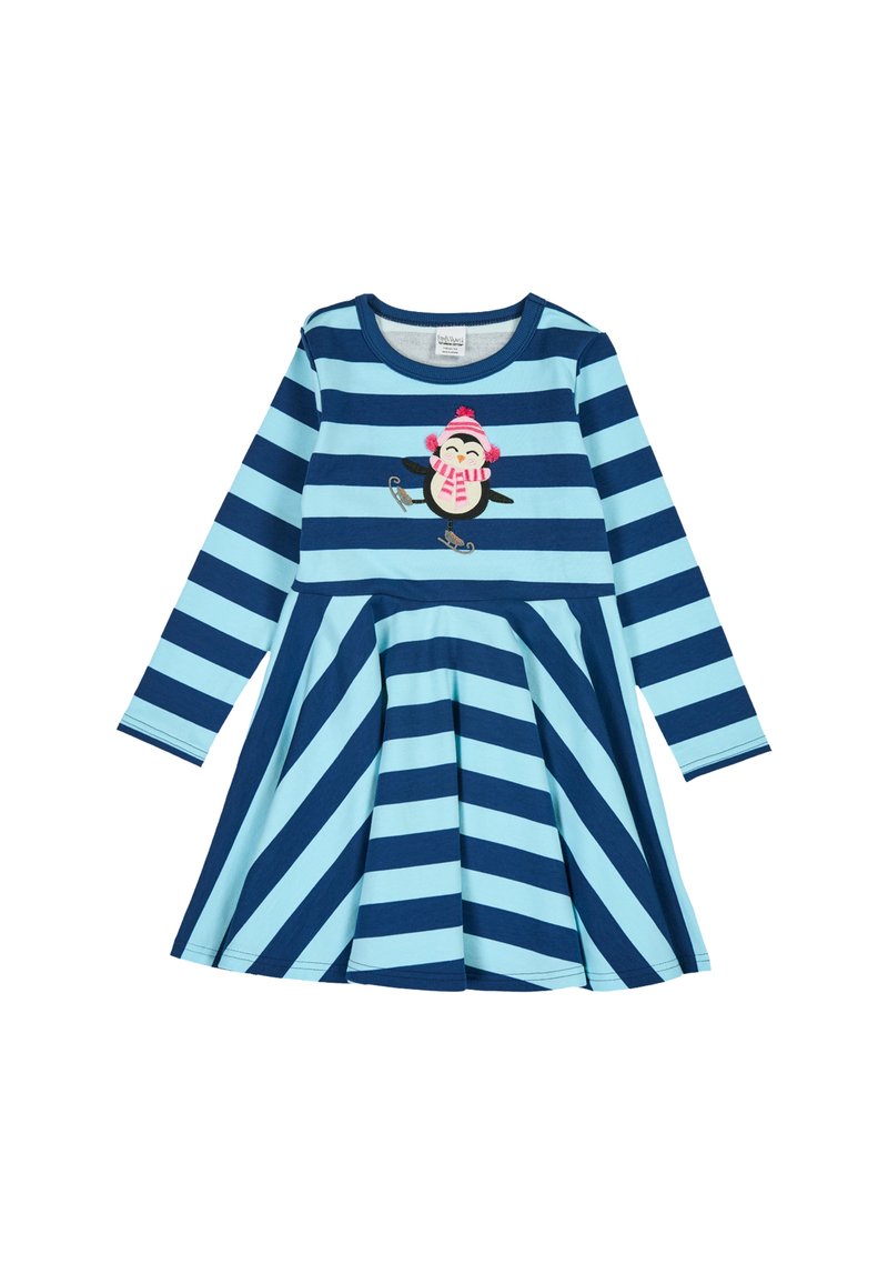 Pitkähihainen mekko, jossa on vaakasuorat siniset ja vaaleansiniset raidat sekä pingviini-applikaatio rinnassa ja hulmuava helma.