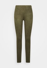 Leggings vert olive en tissu doux et texturé. Présentent une coupe ajustée avec une taille élastique et sans coutures visibles.