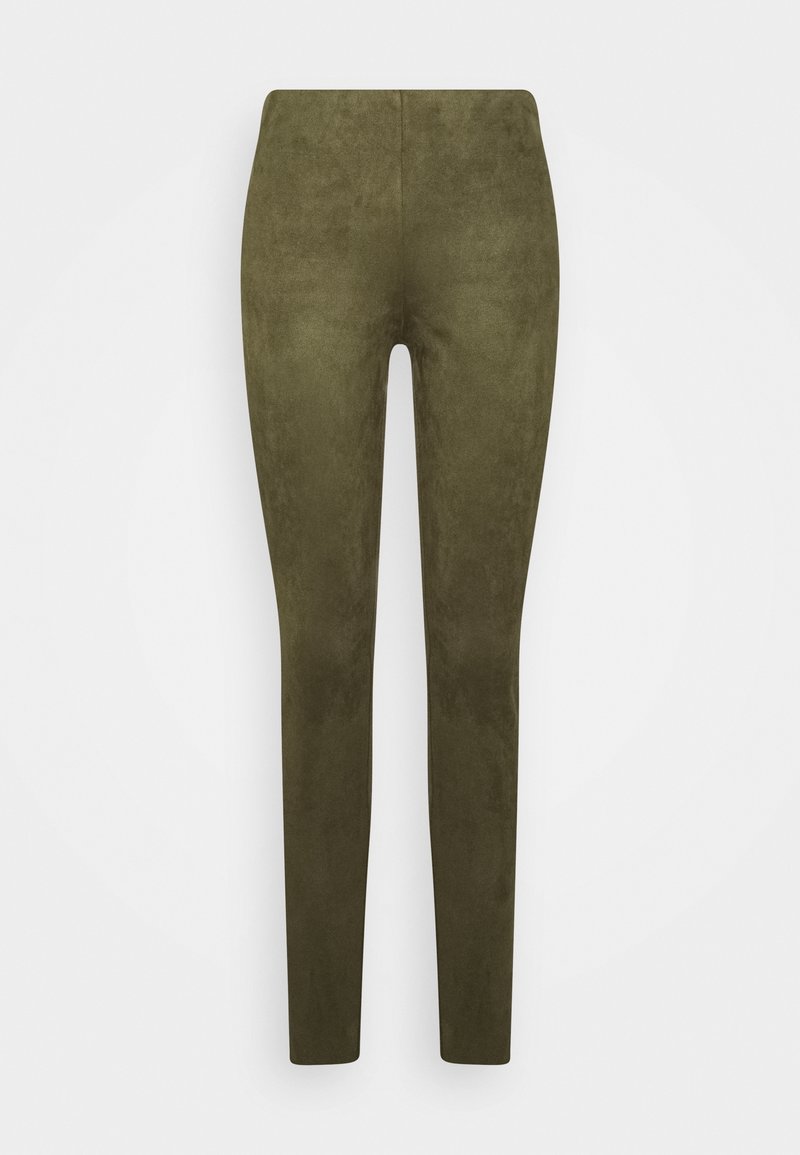 Oliivinvihreät treggingsit, jotka on valmistettu pehmeästä, tekstuurista kankaasta. Ominaisuuksina kapea malli, joustava vyötärönauha ja ei näkyviä saumoja.