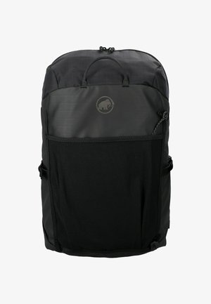 Schwarzer Rucksack mit einer oberen Grifffläche, vorderer Netztasche, Reißverschluss und einem runden Mammut-Logo auf dem oberen Vorderteil.
