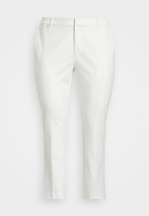 White tailored trousers with a straight cut, smooth texture, front creases, and a small gold accent on the waistband.
